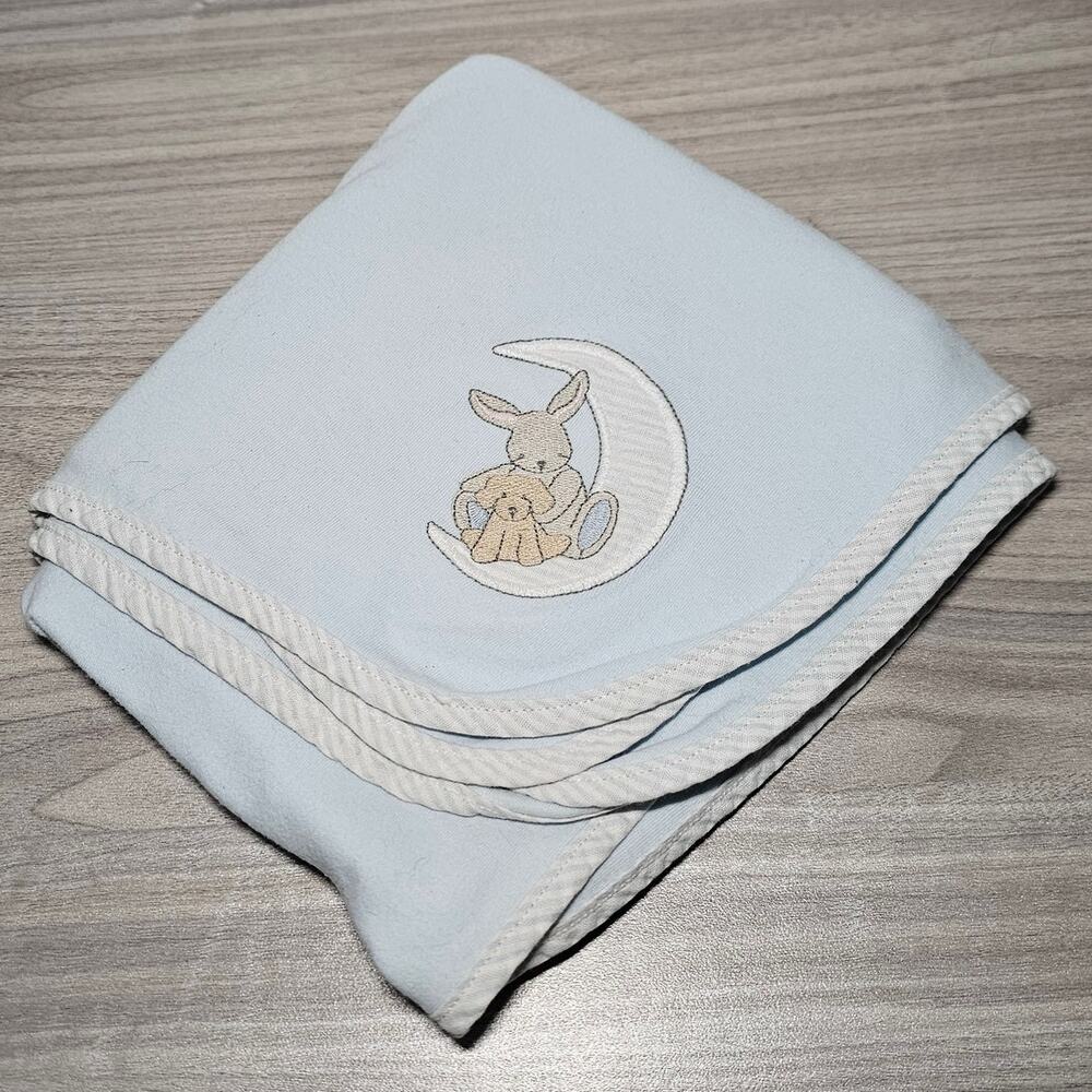 Vintage Carters Baby Blue Blanket Moon Bunny Rabbit Puppy Dog Embroidered
